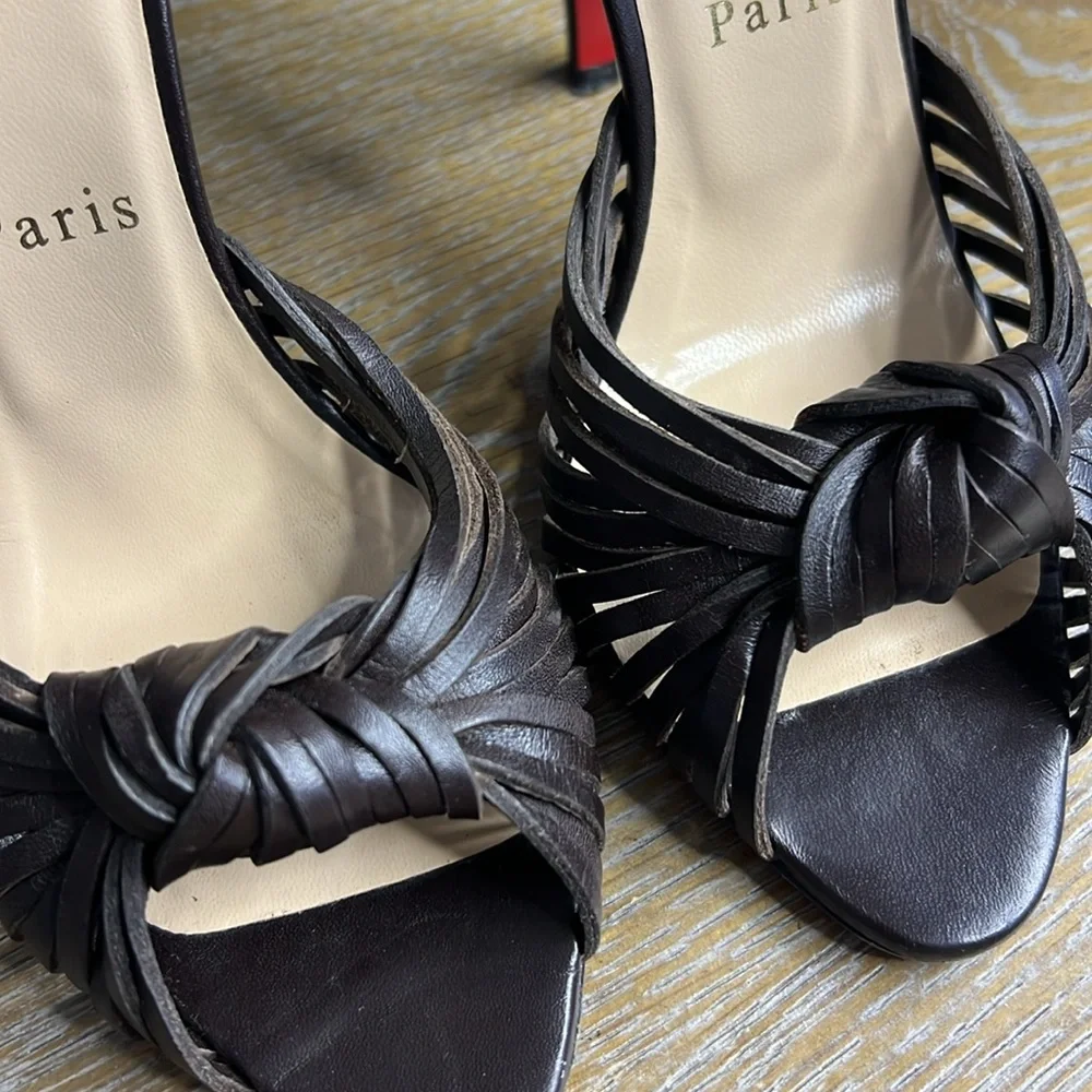 CHRISTIAN LOUBOUTIN Brown Leather Peep-Toe 4”  Heels 36 - Picture 5 of 13